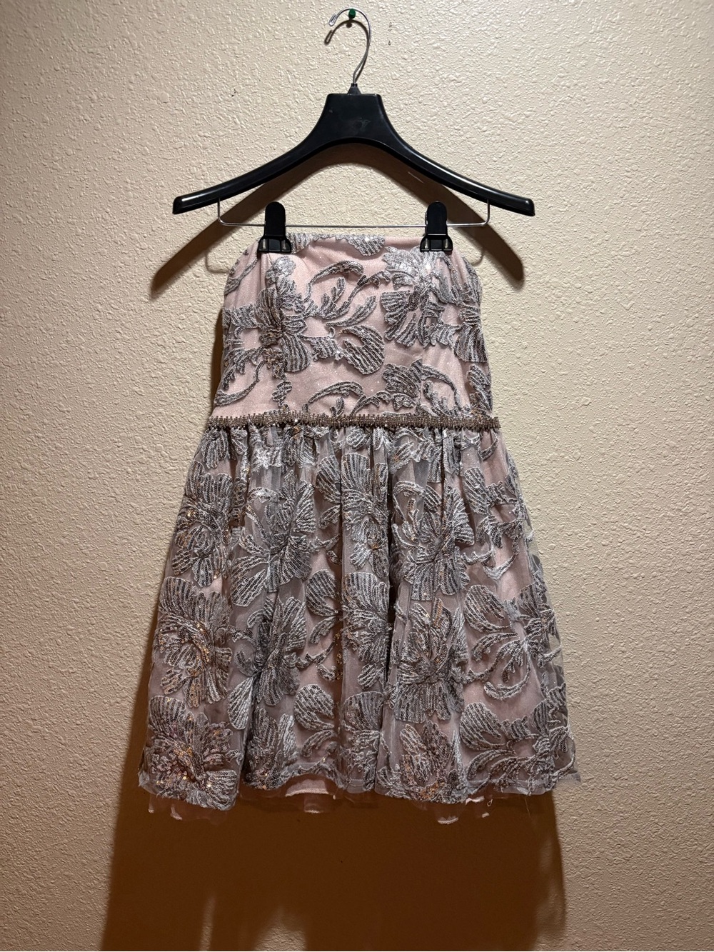 Strapless Pink Party Dress with Silver Floral Embroidery